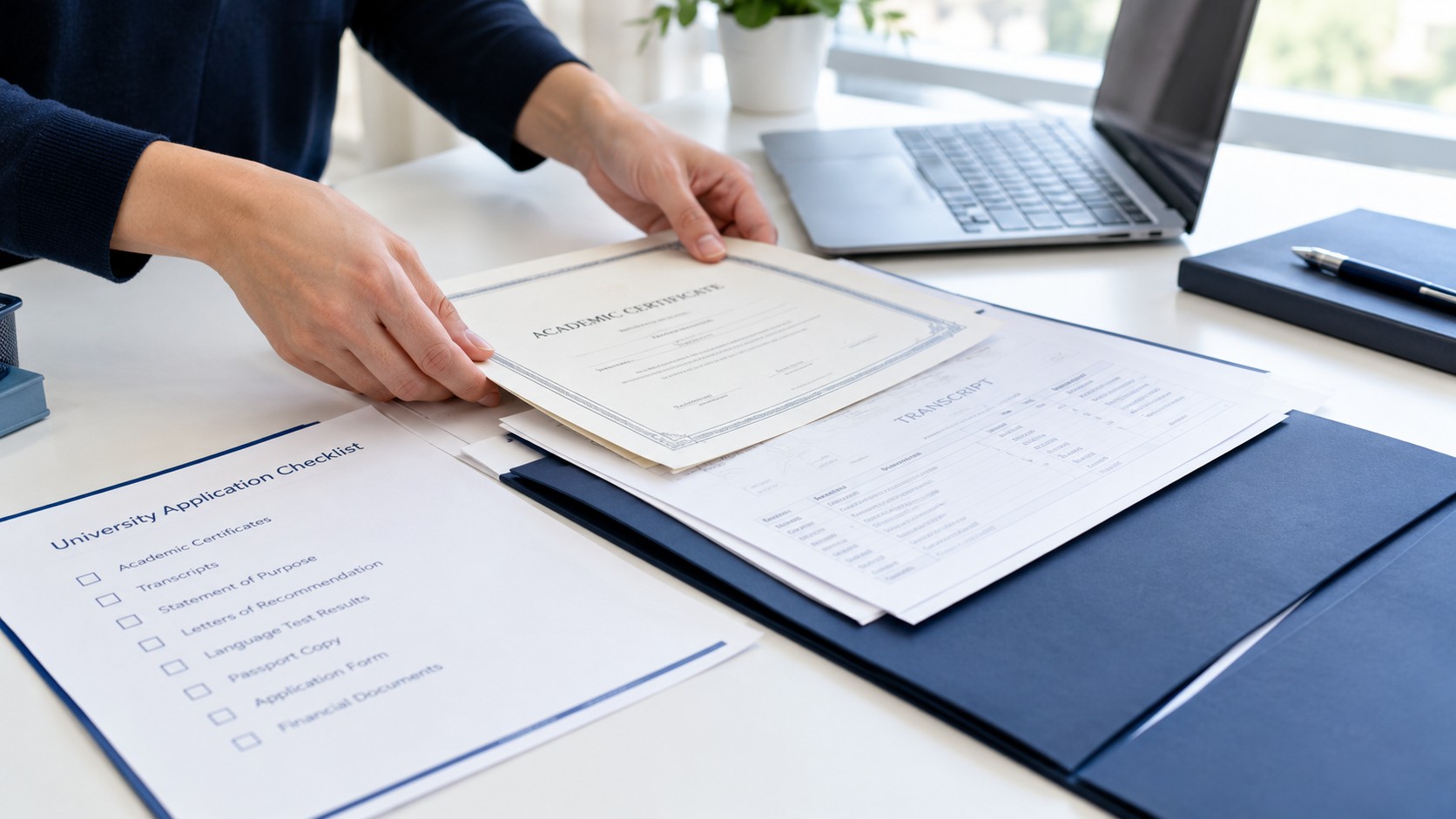 Documents being prepared for a university application